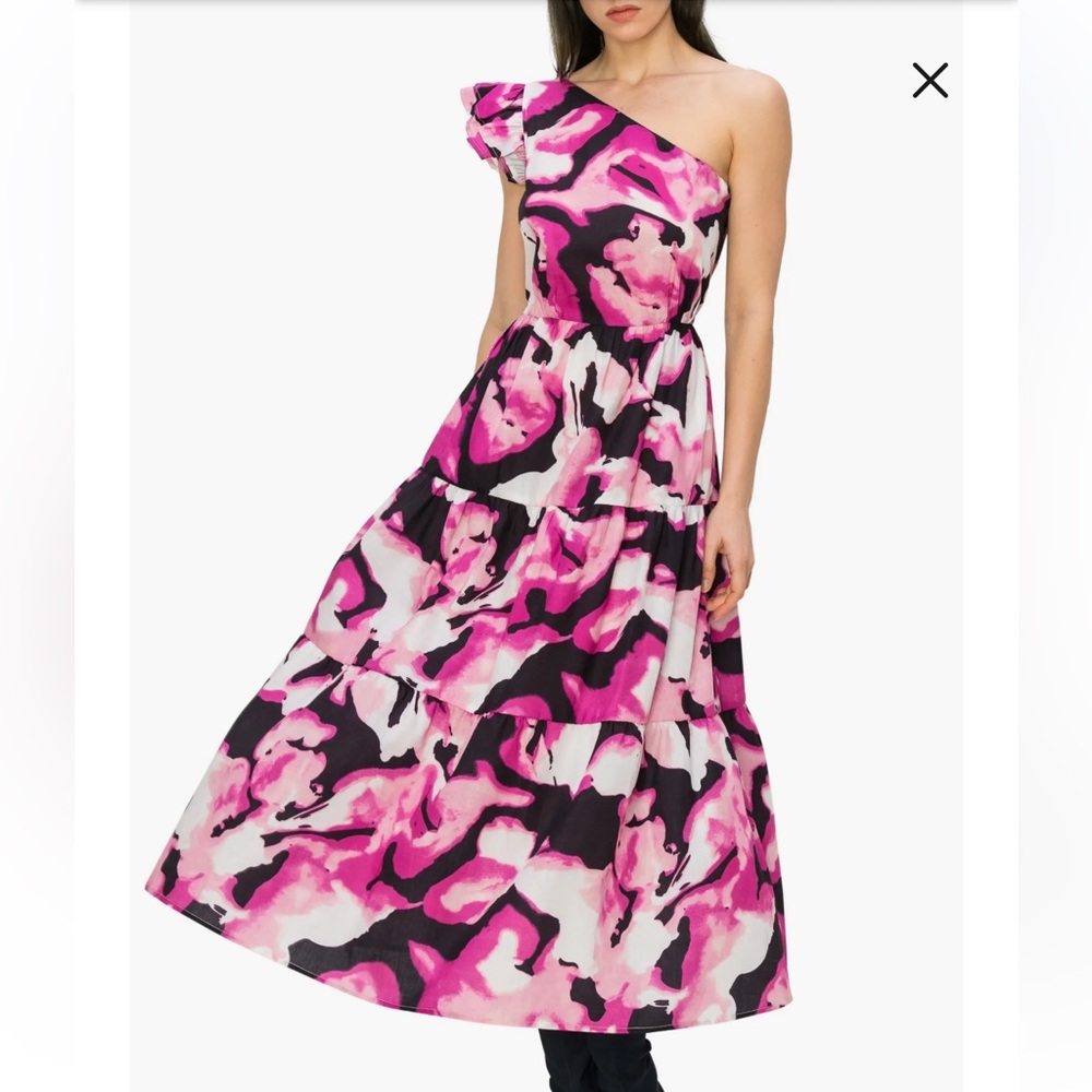 Melloday Abstract Pattern Tiered One-Shoulder Dress Size XL